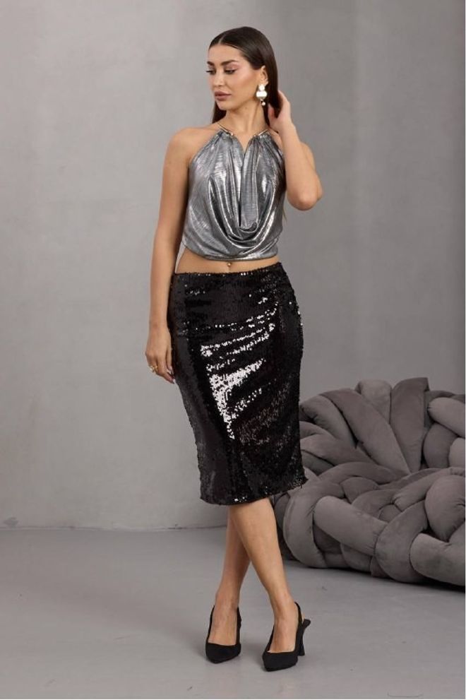 Mistix Črna S Šljokicami Svinčnik Midi Krilo Oblačila na debelo Seksi