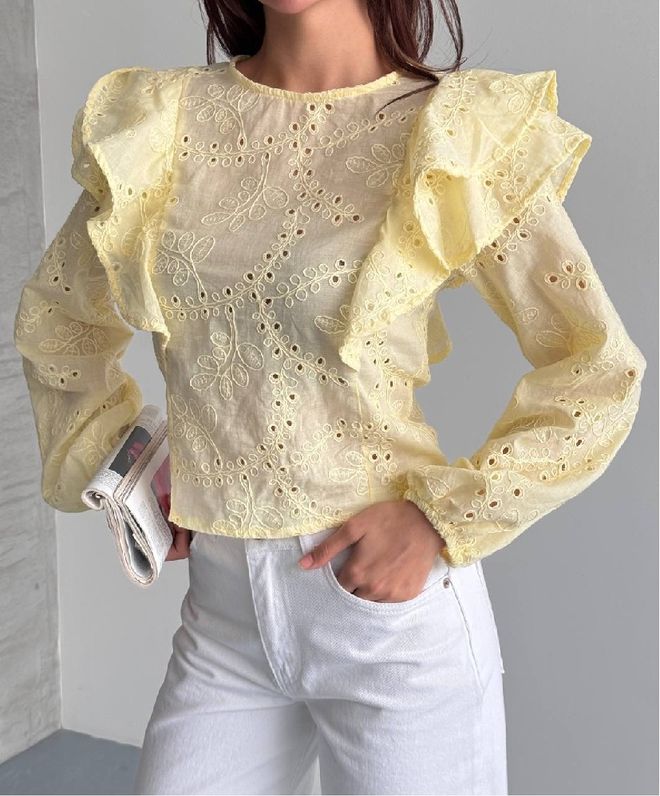 Mistix Rumena Cvetna Bluza Z Naborki Na Rokavih Oblačila na debelo Ležerno