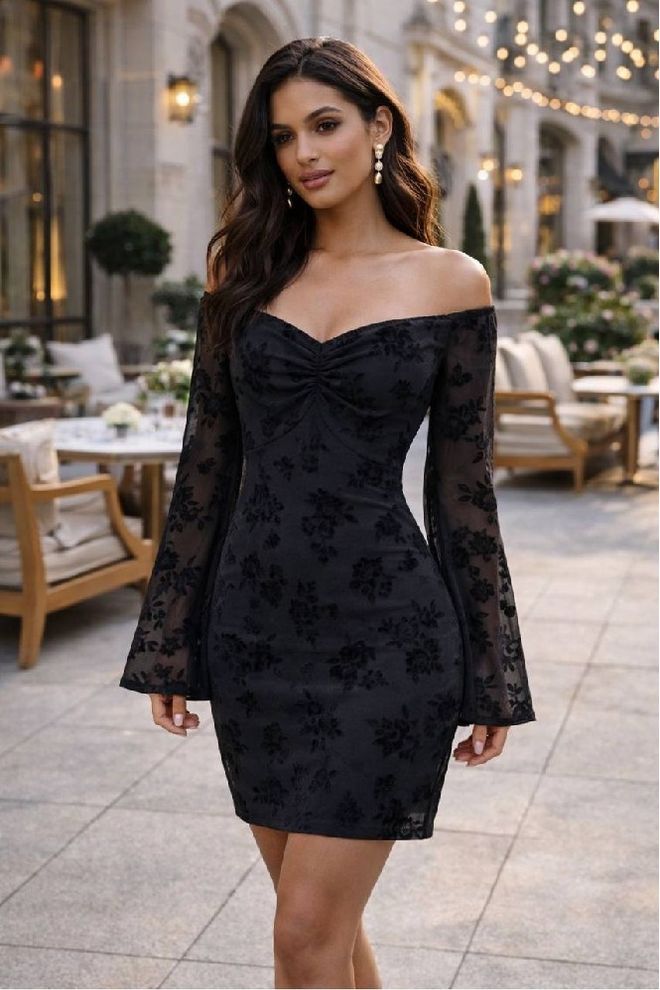 Mistix Црна Цветна Бодицон Мини Хаљина Са Рукавима За Звоно Велепродаја одеће Секси