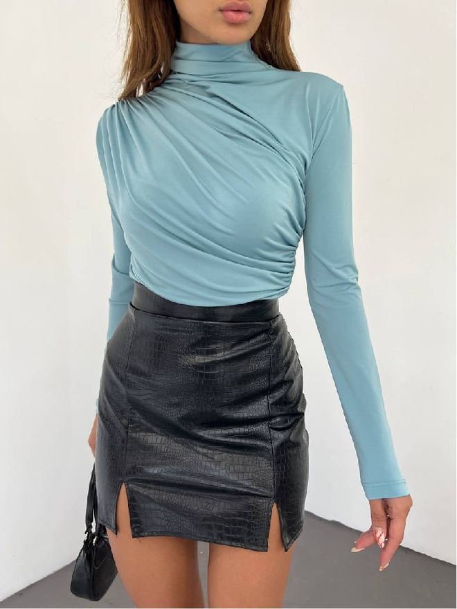 Mistix Blue Elegant Slim Fit Blouse With High Neck Wholesale Clothing Casual