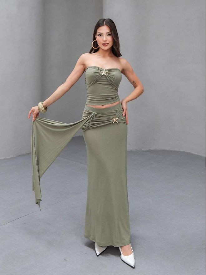 Mistix Khaki Sexy Elegant Bodycon Maxi Set Wholesale Clothing Sexy
