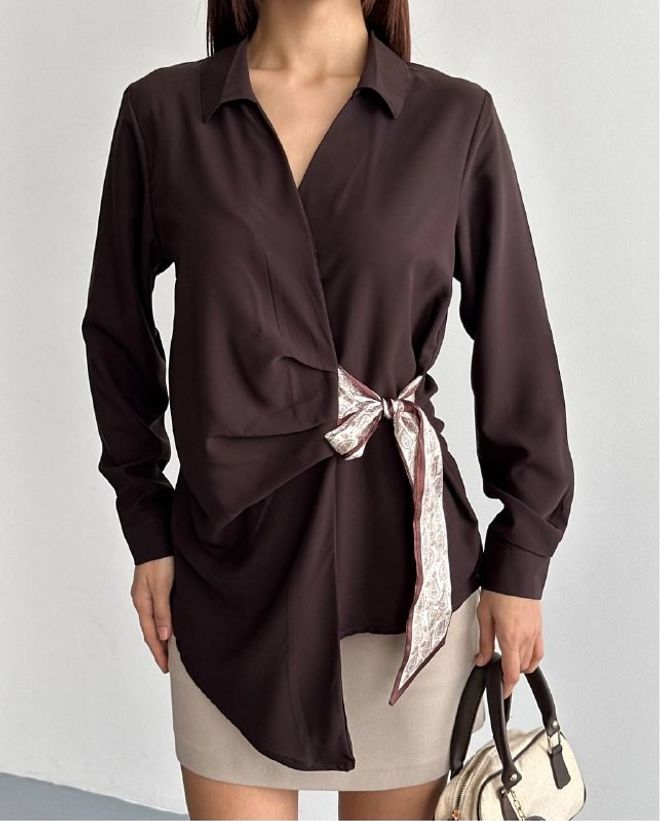 Mistix Brown Elegant Tie Closure Long Sleeve Shirt Wholesale Clothing Casual