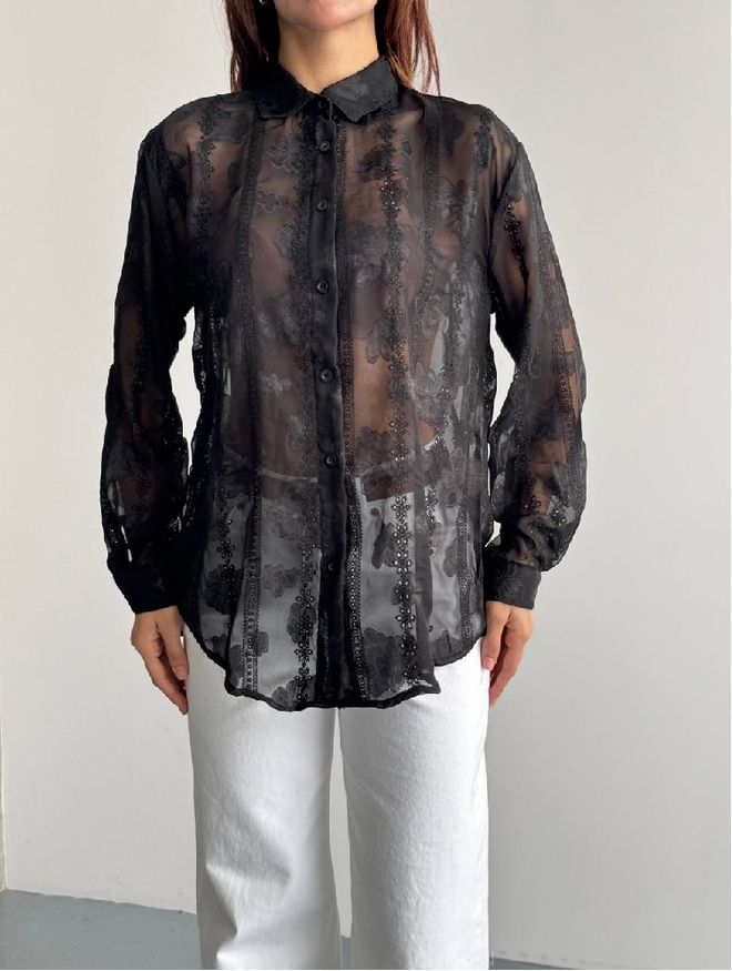 Mistix Zwarte Bloemige Shirt Met Sjaalkraag Groothandel Kleding Vintage