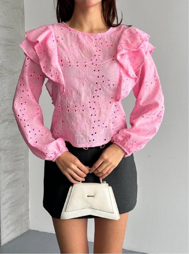 Mistix Bluza Roz Cu Mâneci Lungi Cu Volane Îmbrăcăminte cu ridicata Casual