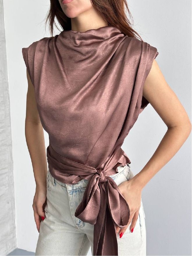 Mistix Bluză Maro Elegantă Slim Fit Cu Decolteu Șal Îmbrăcăminte cu ridicata Casual