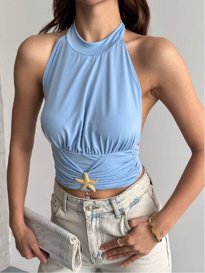 Mistix Modra Oprijeta Bluza Crop Z Ovratnikom S Povodcem Oblačila na debelo Ležerno