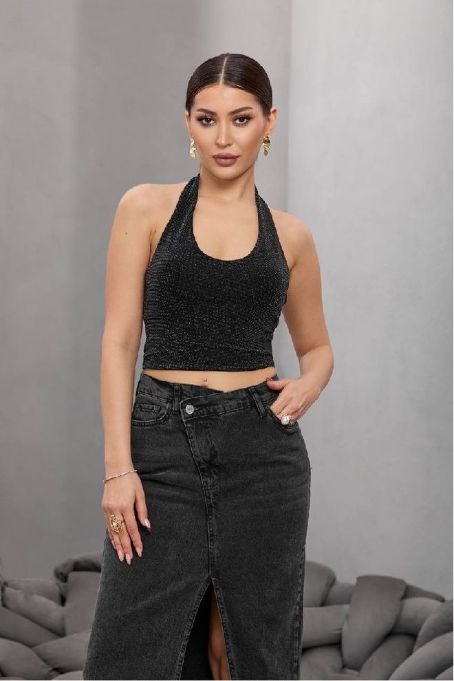 Mistix Μαύρη Στενή Μπλούζα Χωρίς Μανίκια Με Λαιμόκοψη Halter Και Κροπ Μήκος Με Πολύ Κοντό Μανίκι Χονδρικό εμπόριο ενδυμάτων Casual