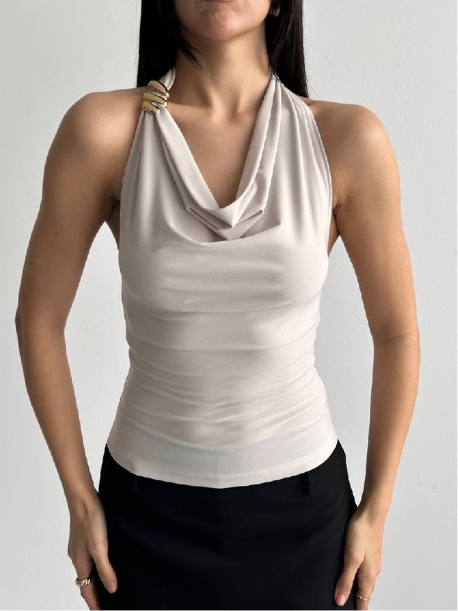 Mistix Beige Blouse With Cowl Neck And Cap Sleeves Wholesale Clothing Casual