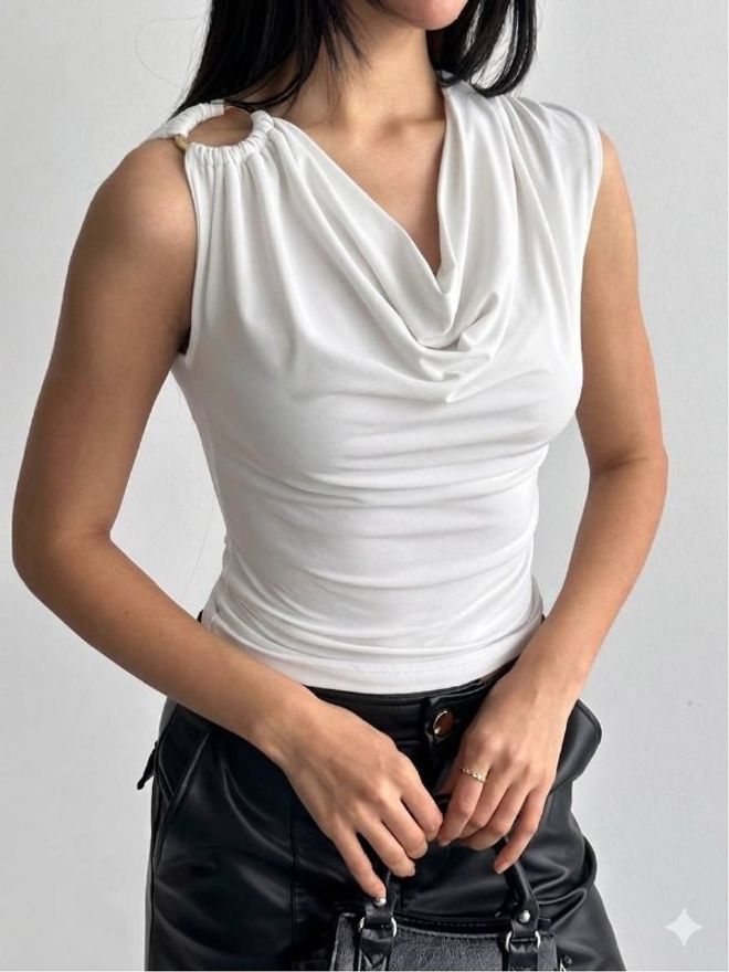 Mistix Blusa Branca Slim Fit Sem Mangas Com Decote Cowl Roupas por atacado Casual