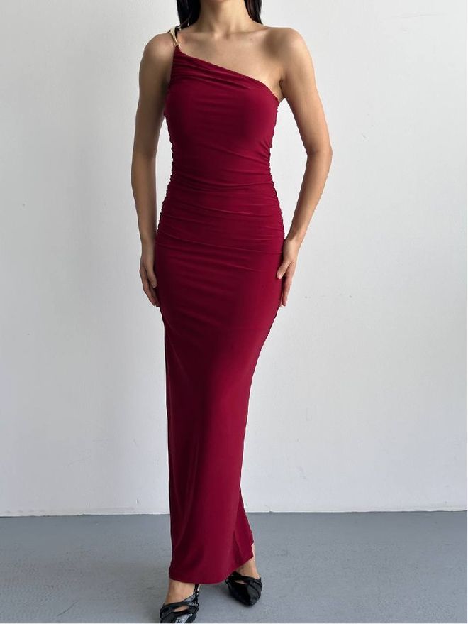 Mistix Claret Red Bodycon Dress With One Shoulder Neck Wholesale Clothing Sexy