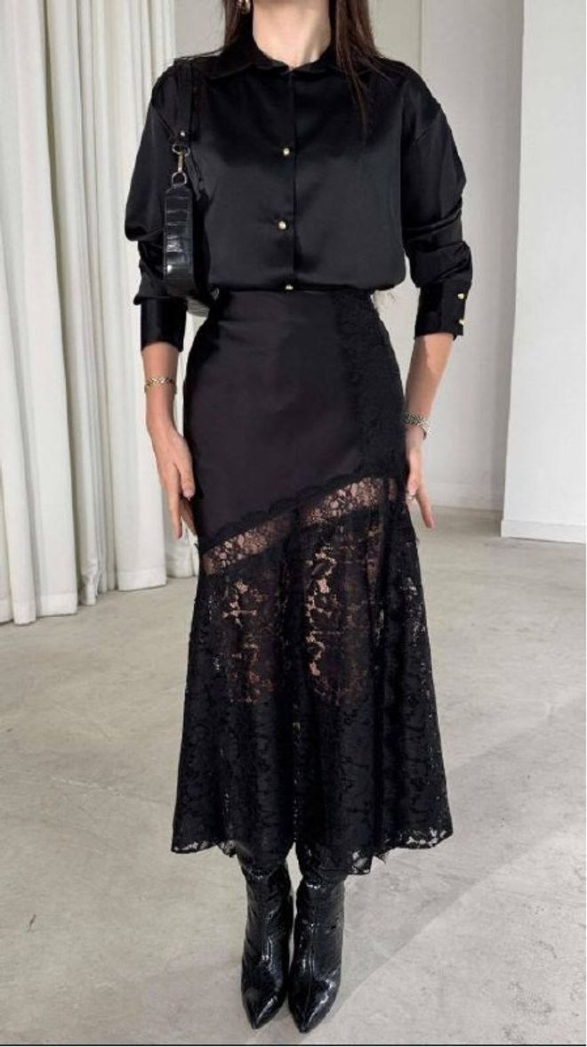 Mistix Črna Razširjena Midi Krilo Z Visokim Pasom Oblačila na debelo Seksi