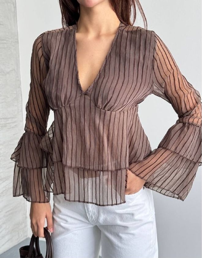 Mistix Кафява Блуза На Райета С Ръкави С Набори Дрехи на едро Небрежен