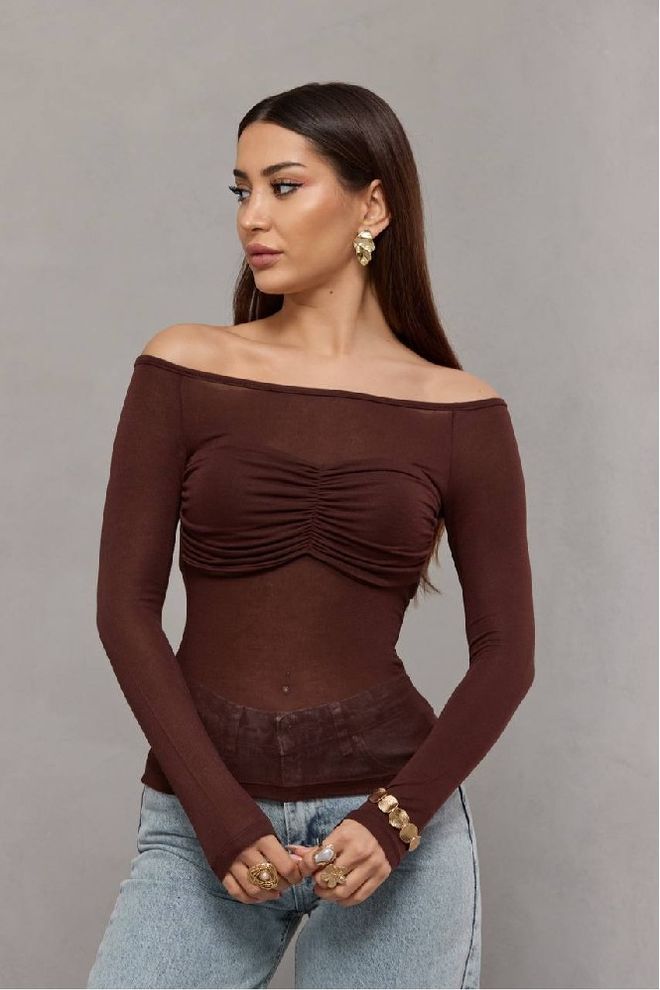 Mistix Rjava Ozka Bluza Z Ovratnikom Brez Ramen Oblačila na debelo Ležerno