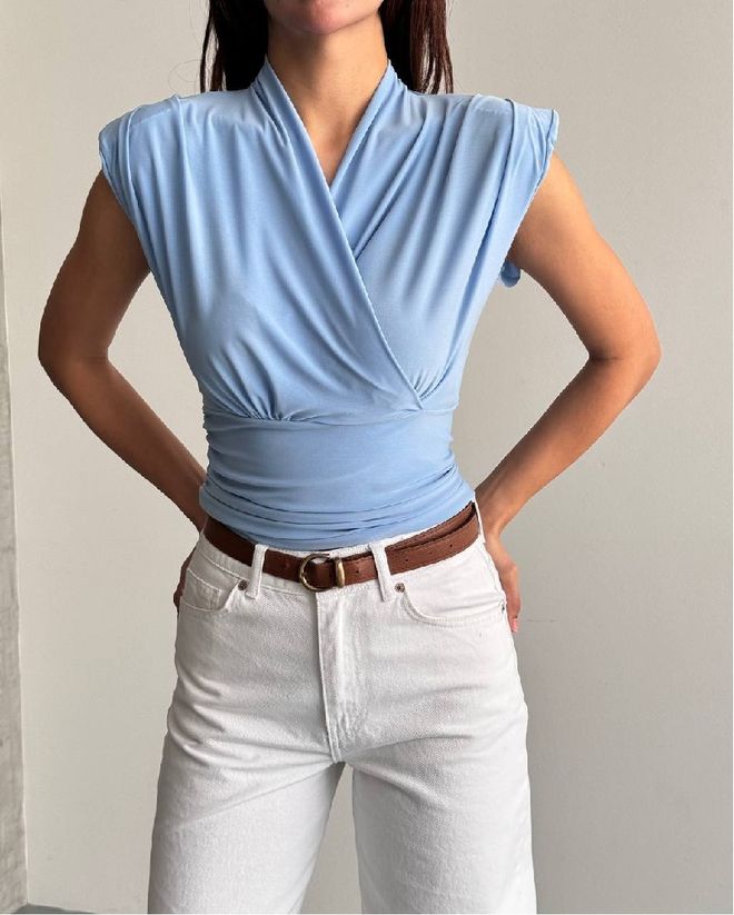 Mistix Elegant Blue Blouse With V Neck And Cap Sleeves Wholesale Clothing Casual