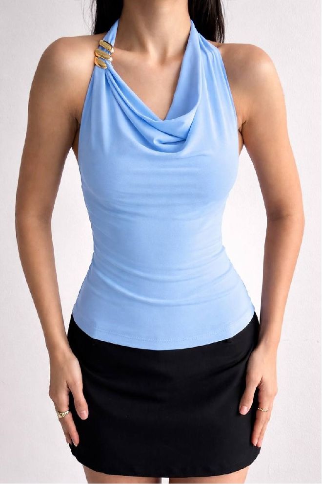 Mistix Blue Slim Fit Cowl Neck Sleeveless Blouse Wholesale Clothing Casual