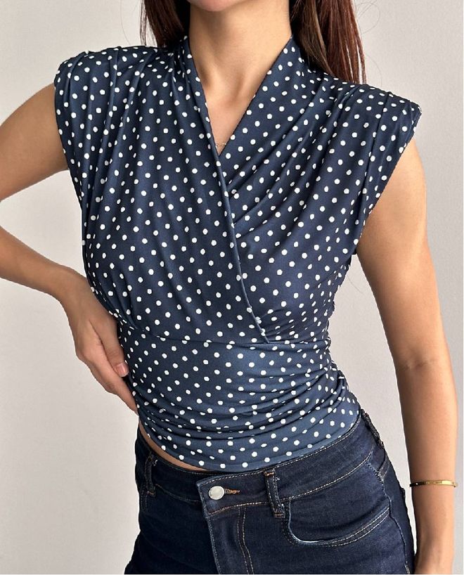 Mistix Navy Blue Fitted Polka Dot V Neck Blouse Wholesale Clothing Casual