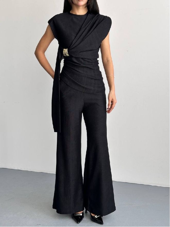 Mistix Eleganten Črn Komplet S Hlačami Palazzo Oblačila na debelo Formalno