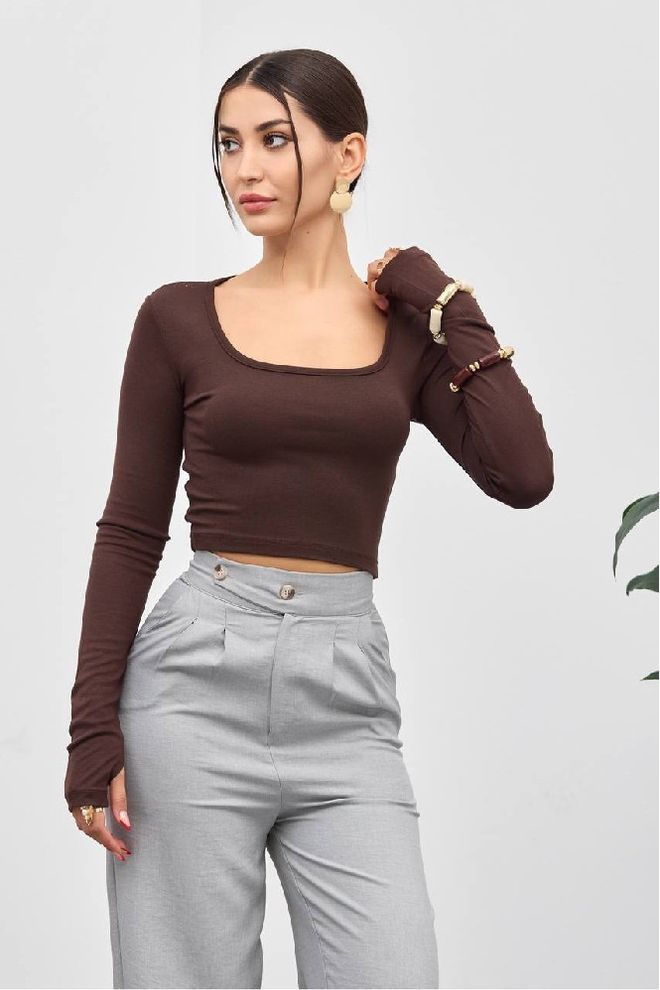 Mistix Brown Slim Fit Square Neck Crop Blouse Wholesale Clothing Casual