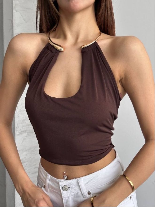 Mistix Smeđa Seksi Casual Uža Kratka Bluza S Jako Kratkim Rukavima Veleprodaja odjeće Ležerni