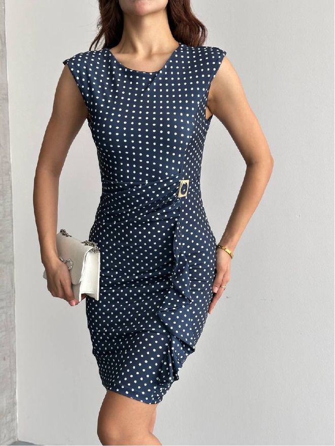 Mistix Robe Moulante Bleu Marine À Pois Vêtements en gros Décontracté