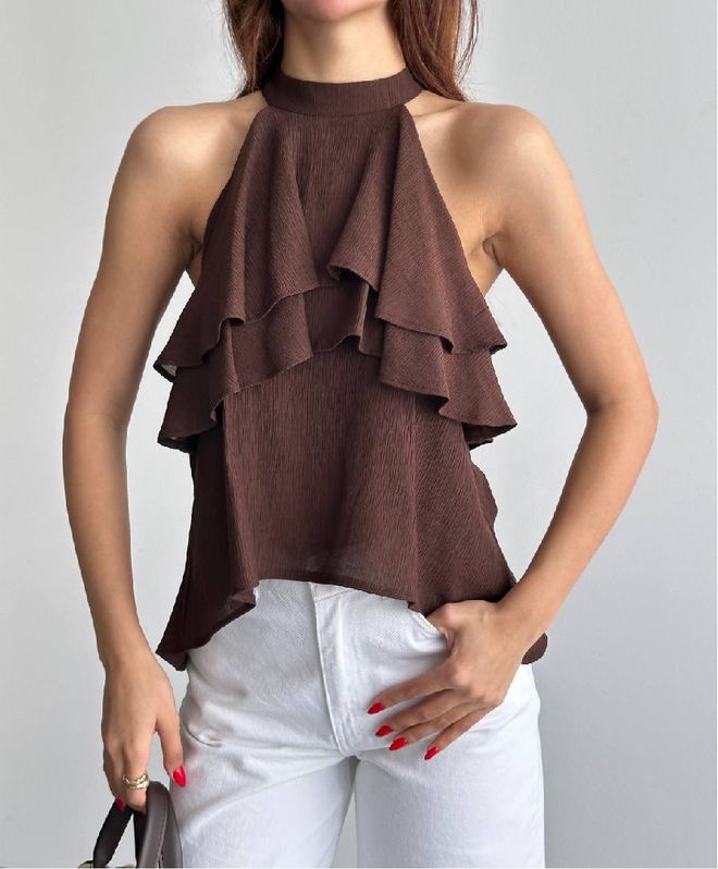 Mistix Brown Elegant High Neck Sleeveless Blouse Wholesale Clothing Casual
