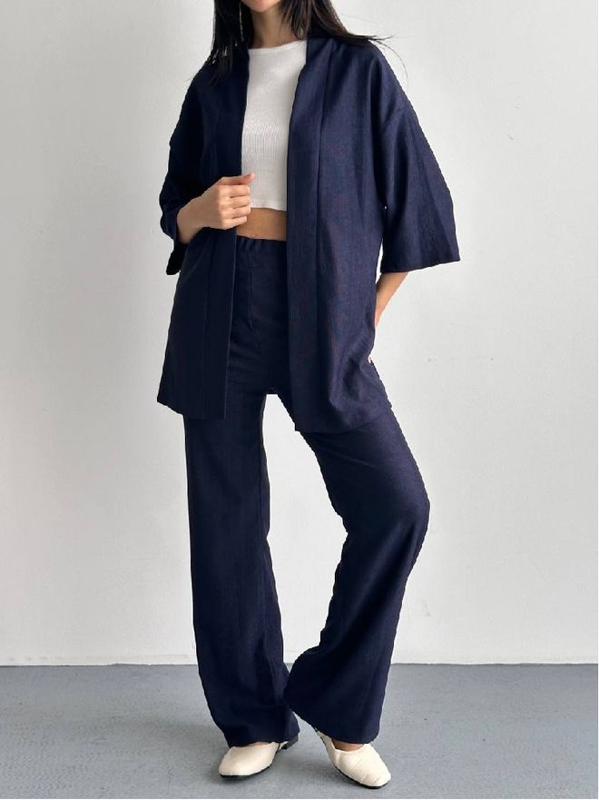 Mistix Set Blu Navy Con Pantaloni Palazzo Oversize Abbigliamento all'ingrosso Casuale
