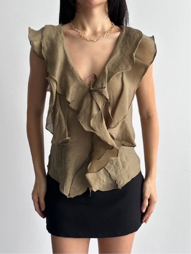 Mistix Khaki Blouse With Plunging Neck And Flutter Sleeves Wholesale Clothing Casual