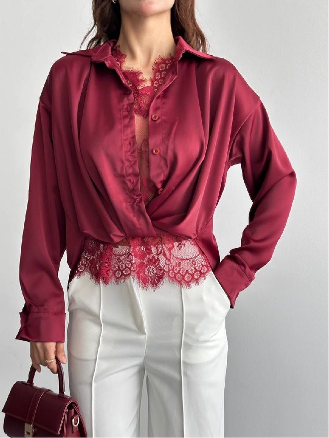 Mistix Bordeauxrood Polohals Geknoopte Shirt Groothandel Kleding Vintage