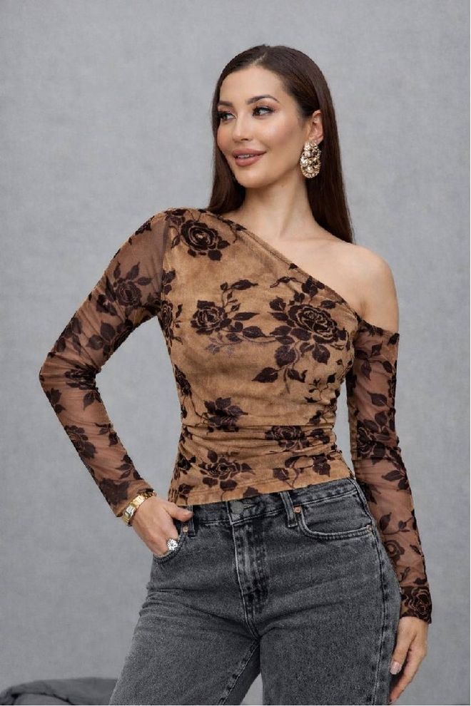 Mistix Brązowa Dopasowana Bluzka Kwiatowa Z Dekoltem Na Jedno Ramię Hurtowa sprzedaż odzieży Casual