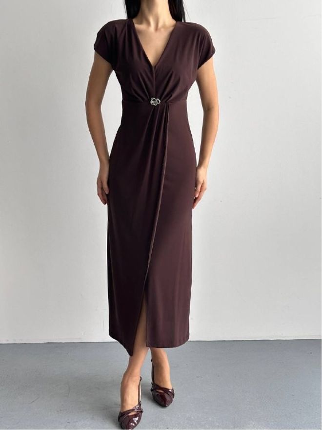 Mistix Елегантна Браон Хаљина На Преклапање Са В изрезом Велепродаја одеће Формални