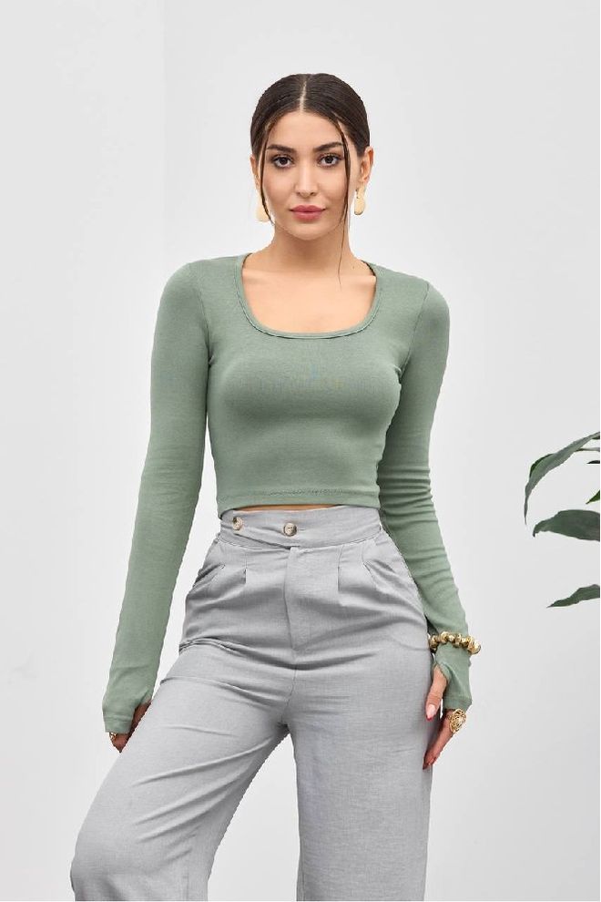 Mistix Green Slim Fit Crop Blouse With Square Neck Wholesale Clothing Casual