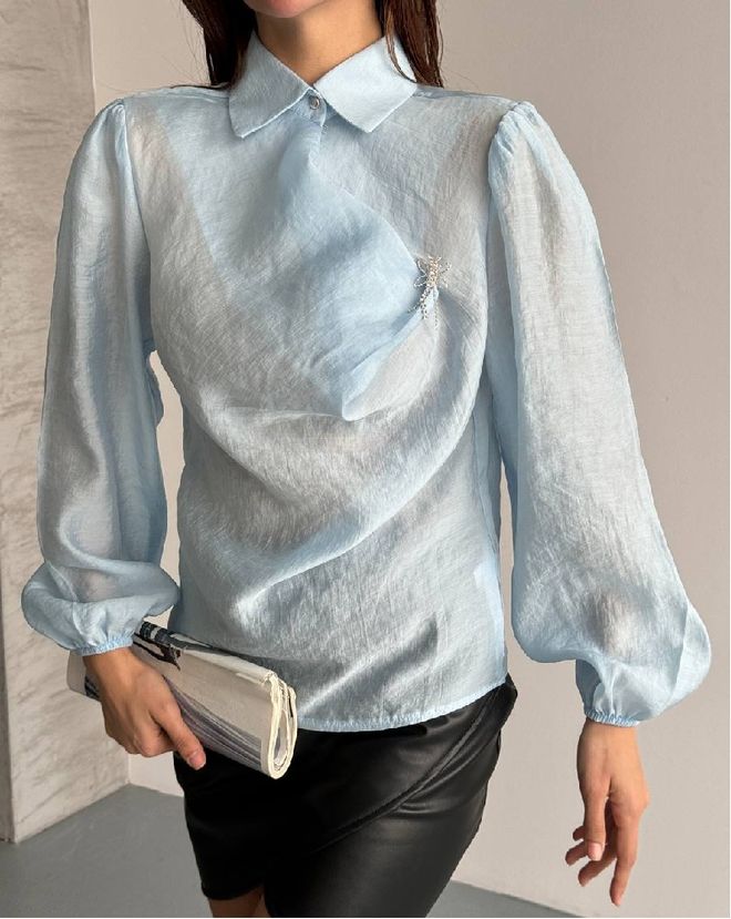 Mistix Plava Elegantna Majica S Gumbima I Polo Izrezom Veleprodaja odjeće Ležerni