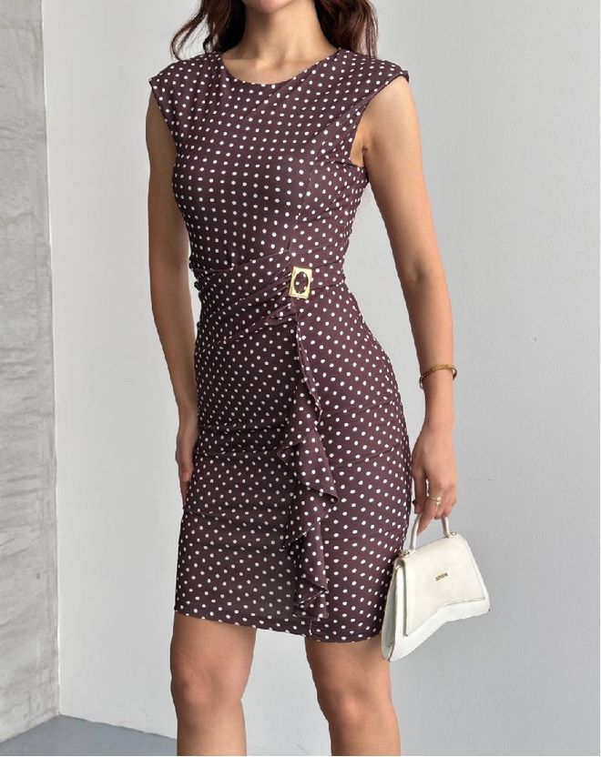 Mistix فستان بني منقط أنيق ضيق قصير ملابس بالجملة غير رسمي