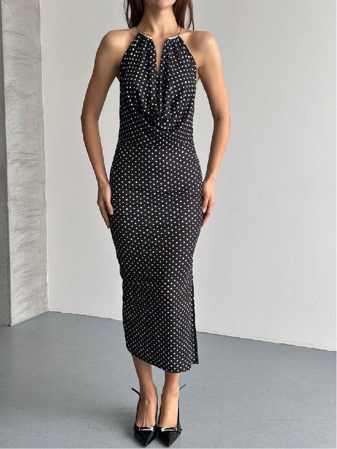 Mistix Vestido Midi Preto Sensual Elegante Formal Com Bolinhas Roupas por atacado Sensual