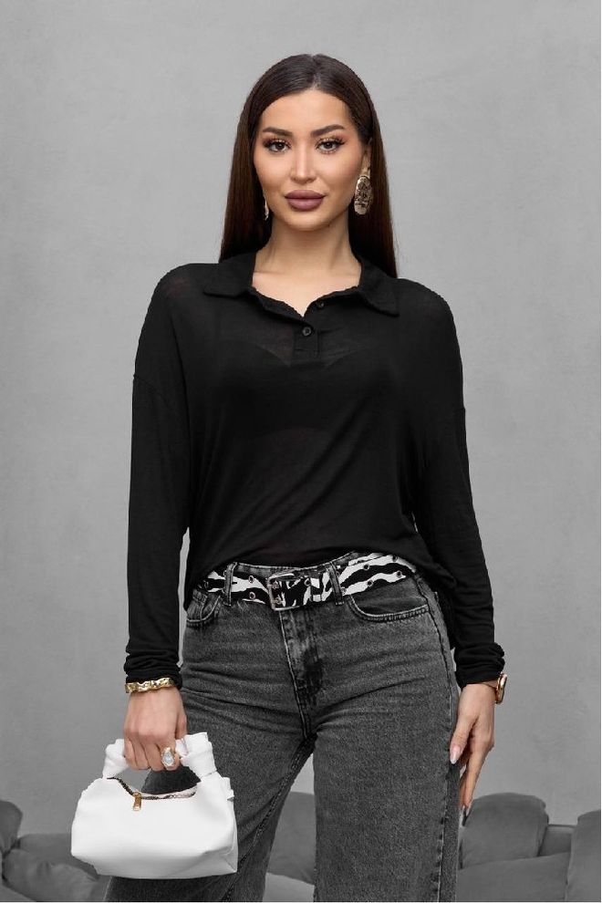 Mistix Черная Блузка С Воротником поло И Длинными Рукавами Оптовая продажа одежды Повседневный