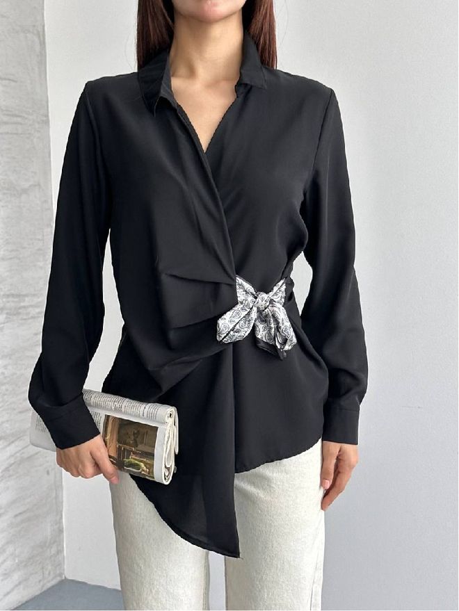 Mistix Zwarte Elegante Shirt Met Lange Mouwen En Stropdas Groothandel Kleding Casual