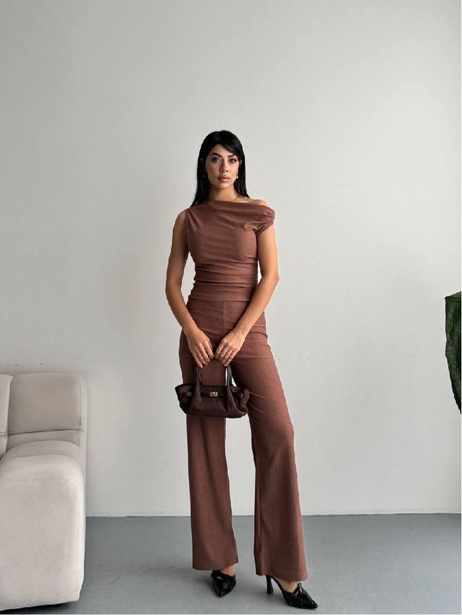 Mistix Brown Elegant Formal Set With Palazzo Pants Wholesale Clothing Casual