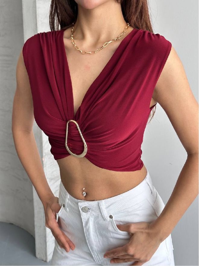 Mistix Bluza Bordo Crvena Uski Kroj Bez Rukava S Dubokim Izrezom Veleprodaja odjeće Ležerni