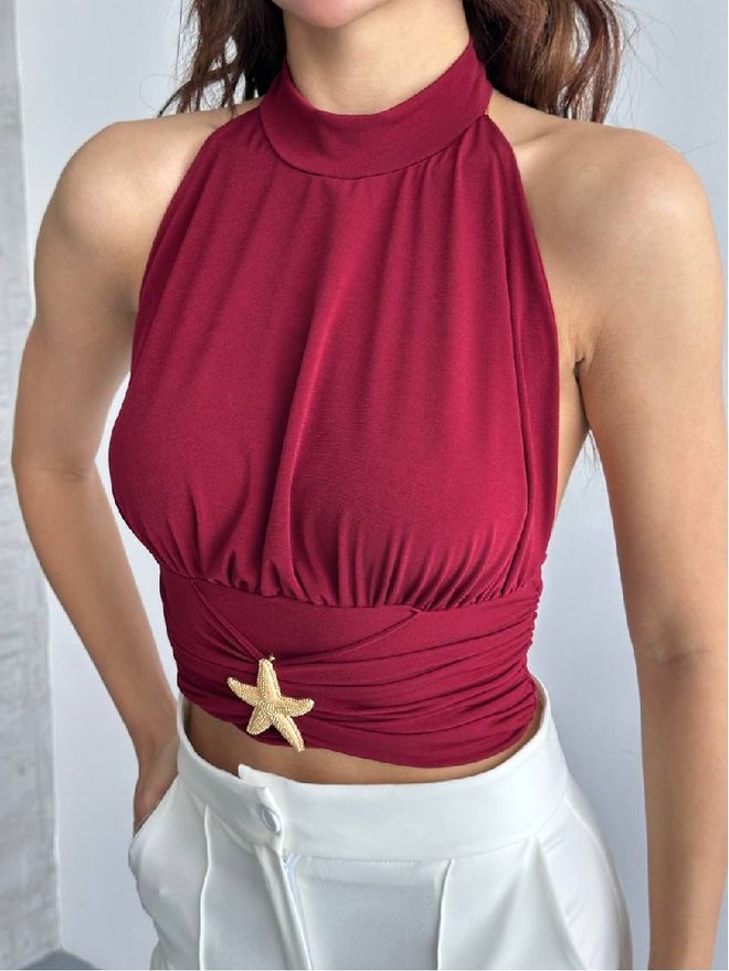 Mistix Claret Red Taillierte Bluse Mit Neckholder Und Ärmellos Großhandelskleidung Lässig