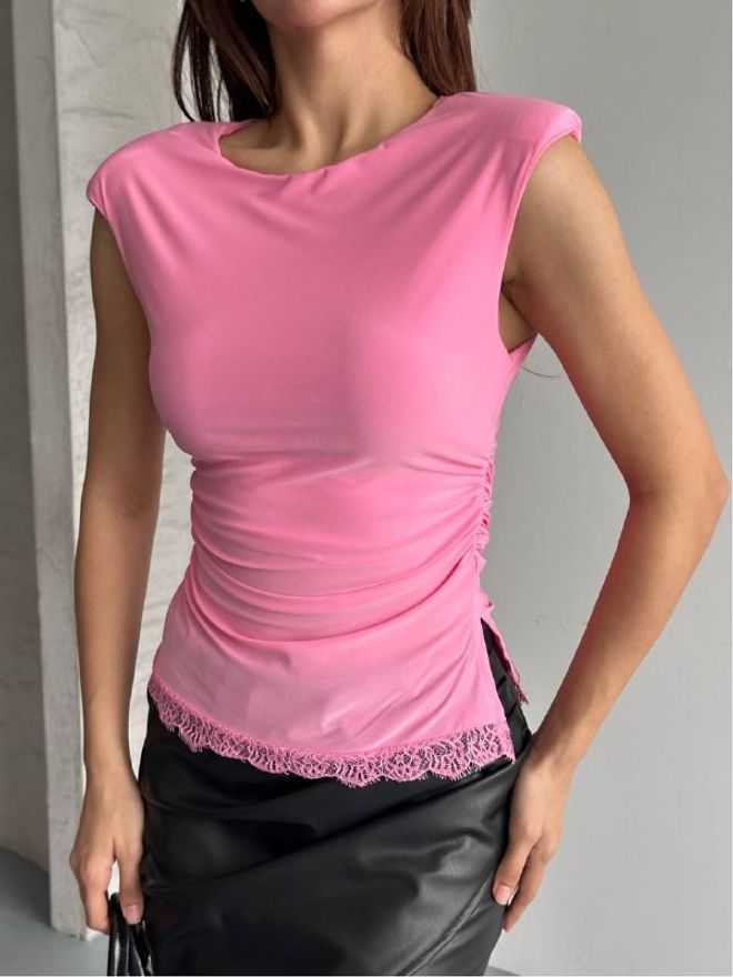 Mistix Bluză Roz Croială Cambrată Fără Mâneci Mânecă Capac Îmbrăcăminte cu ridicata Casual