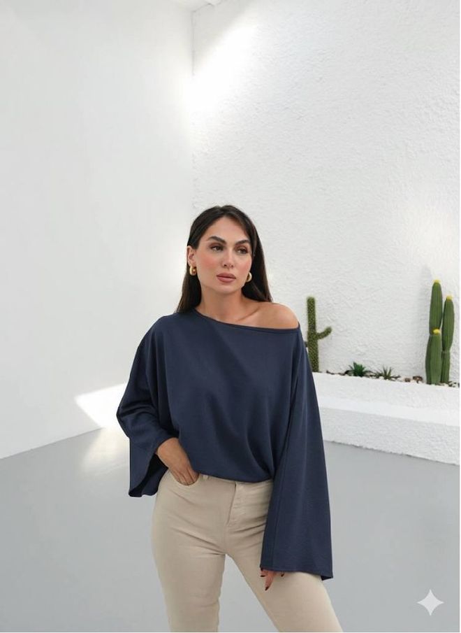 Mistix Marineblauwe Blouse Met Boothals En Lange Mouwen Groothandel Kleding Casual