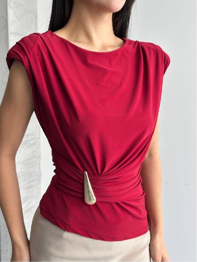 Mistix Rode Elegante Fitted Blouse Met Kapmouwen Groothandel Kleding Sexy
