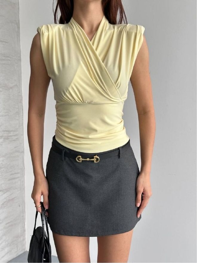 Mistix Yellow Elegant Slim Fit V Neck Blouse Wholesale Clothing Casual