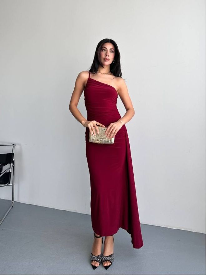 Mistix Рокля Бордо Бодикон С Асиметрично Деколте Дрехи на едро Секси