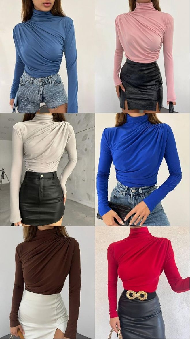 Mistix Blue Slim Fit High Neck Blouse Wholesale Clothing Casual