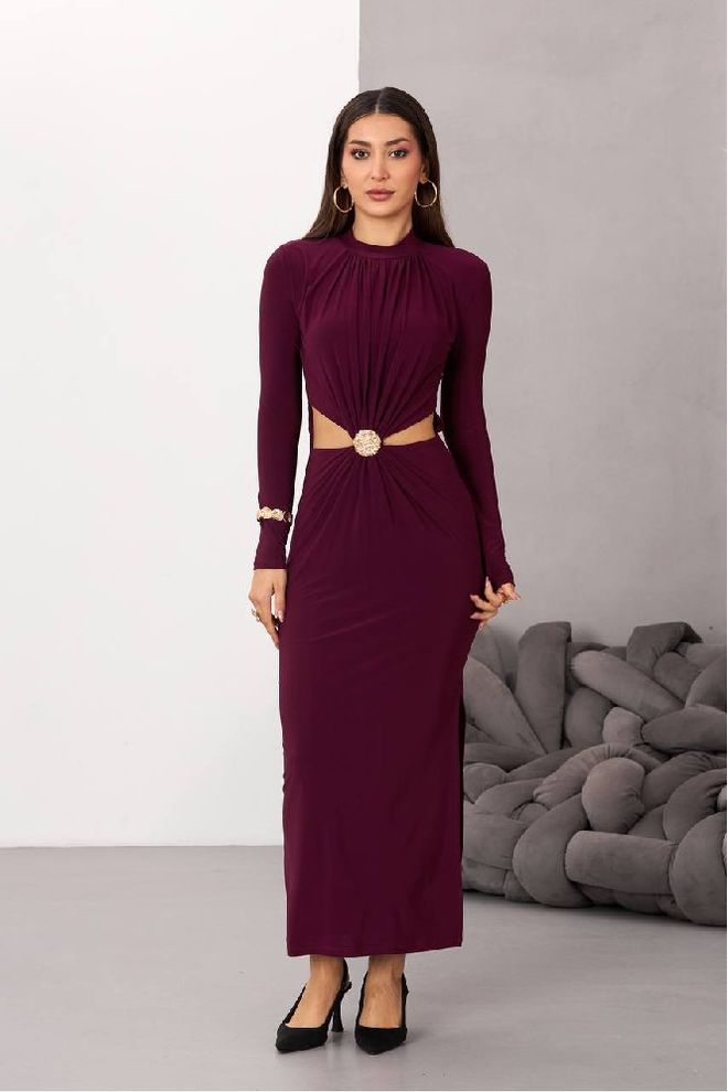 Mistix Bordo Rdeča Bodycon Obleka Z Visokim Ovratnikom In Dolgimi Rokavi Oblačila na debelo Vintage