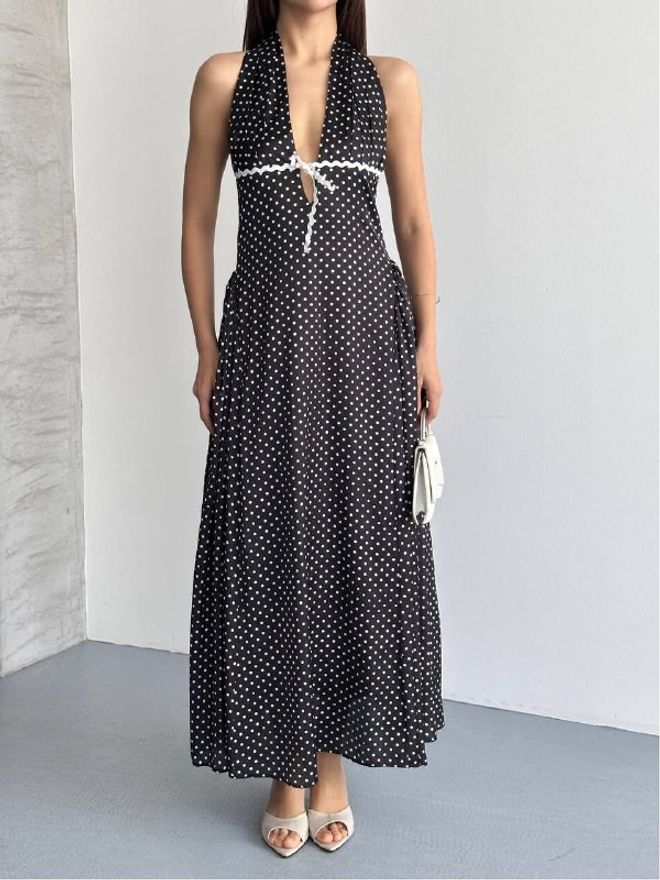 Mistix Vestido Preto Sexy Elegante Maxi Com Bolinhas Roupas por atacado Vintage