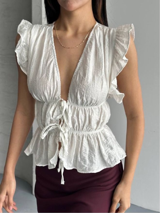 Mistix Bluza Bela Ležerno Seksi Rokav Z Naborki Oblačila na debelo Ležerno