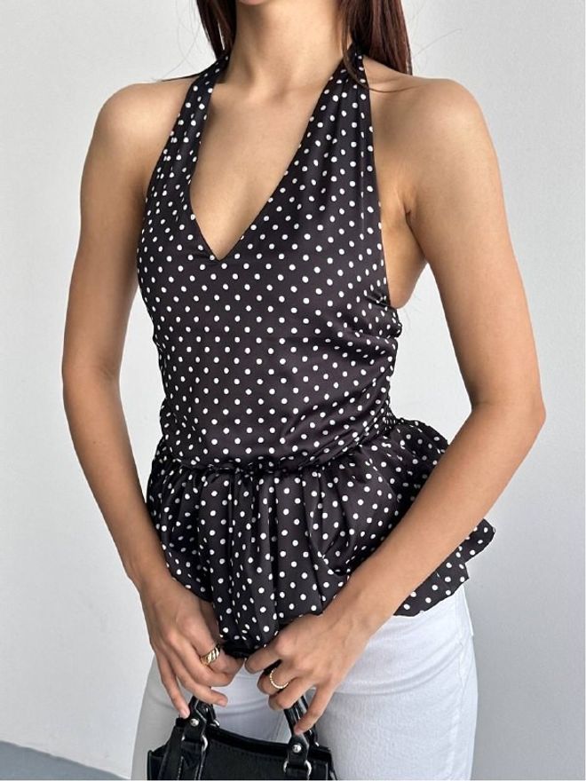 Mistix Camicetta Nera A Pois Aderente Con Scollo All'americana Abbigliamento all'ingrosso Casuale