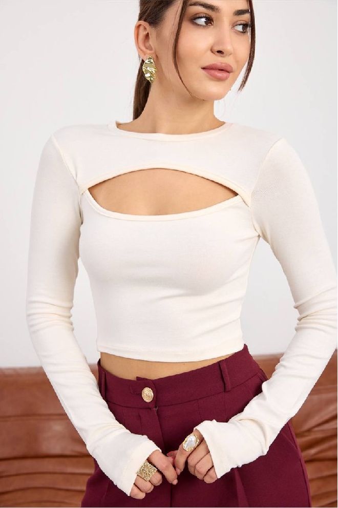 Mistix Ecru Slim Fit Crop Blúzka S Dlhými Rovnými Rukávmi Veľkoobchod s oblečením Neformálny